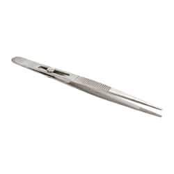 Value Collection - 5-3/4" OAL Stainless Steel Assembly Tweezers - Slide Locking Broad Point, Serrated Body/Tip - USA Tool & Supply