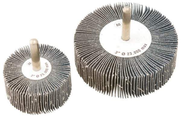 Camel Grinding Wheels - 1" Diam x 1" Face Width, Medium Zirconia Alumina Coated Mounted Flap Wheel - 1/4" Shank Mount, 80 Grit, Cloth Backing, 30,000 Max RPM - USA Tool & Supply