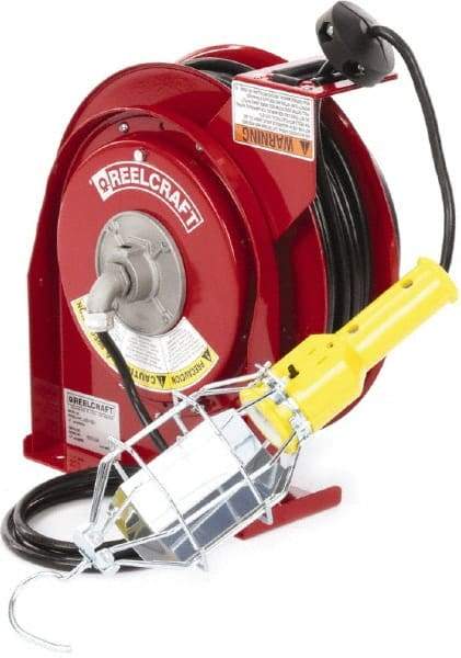 Reelcraft - 16 AWG, 50' Cable Length, Cord & Cable Reel with Incandescent Hand Lamp End - 1 Outlet, NEMA 5-15R, 13 Amps, 125 Volts, SJTOW Cable, Red Reel - USA Tool & Supply