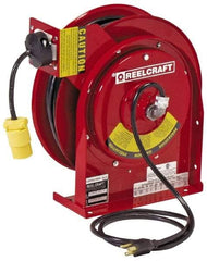 Reelcraft - 12 AWG, 45' Cable Length, Cord & Cable Reel with Outlet End - 1 Outlet, NEMA 5-15R, 15 Amps, 125 Volts, SJEOOW Cable, Red Reel - USA Tool & Supply