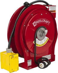 Reelcraft - 12 AWG, 50' Cable Length, Cord & Cable Reel with Duplex GFCI Outlet Box End - 2 Outlets, NEMA 5-15R, 15 Amps, 125 Volts, SEOOW Cable, Red Reel - USA Tool & Supply