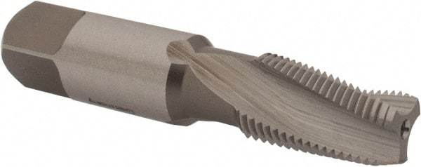 Emuge - 1/8-27 NPTF, 15° Helix, 3 Flutes, Modified Bottoming Chamfer, Bright Finish, High Speed Steel, Spiral Flute Pipe Tap - Right Hand Flute, 7/16" Shank Diam, 3/4" Thread Length, 0.250-0.375" Projection, 0.328" Square Size, - USA Tool & Supply