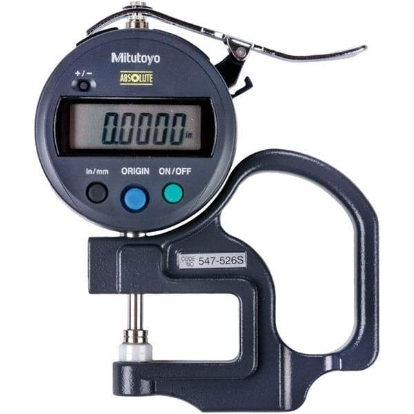 Mitutoyo - 0mm to 12mm Measurement, 0.001mm Resolution Electronic Thickness Gage - Accurate up to 0.0002", 1.5 N Measuring Force - USA Tool & Supply