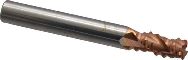 Accupro - 1/4" Diam, Coarse Pitch, 3/8" LOC, 3 Flute Solid Carbide Roughing Square End Mill - TiCN Finish, 2" OAL, 1/4" Shank Diam, Single End, Centercutting, 30° Helix - USA Tool & Supply