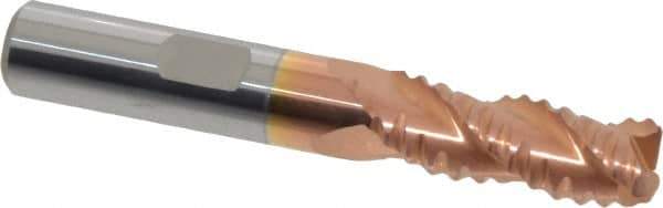 Accupro - 3/8" Diam, Coarse Pitch, 7/8" LOC, 3 Flute Solid Carbide Roughing Square End Mill - TiCN Finish, 2-1/2" OAL, 3/8" Shank Diam, Single End, Centercutting, 30° Helix - USA Tool & Supply