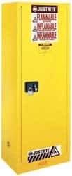 Justrite - 1 Door, 3 Shelf, Yellow Steel Space Saver Safety Cabinet for Flammable and Combustible Liquids - 65" High x 23-1/4" Wide x 18" Deep, Manual Closing Door, 22 Gal Capacity - USA Tool & Supply