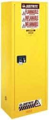 Justrite - 1 Door, 3 Shelf, Yellow Steel Space Saver Safety Cabinet for Flammable and Combustible Liquids - 65" High x 23-1/4" Wide x 18" Deep, Manual Closing Door, 22 Gal Capacity - USA Tool & Supply