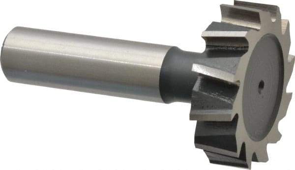 Interstate - 1-3/8" Diam x 3/8" Face Width, High Speed Steel, 14 Teeth, Shank Connection Woodruff Keyseat Cutter - Uncoated, 2-3/8" OAL x 1/2" Shank, Staggered Teeth, ANSI 1211, Old Standard F - USA Tool & Supply
