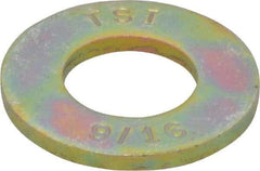 Made in USA - 9/16" Screw, Grade 8 Alloy Steel SAE Flat Washer - 19/32" ID x 1-3/16" OD, 0.121" Thick, Zinc Yellow Dichromate Finish - USA Tool & Supply