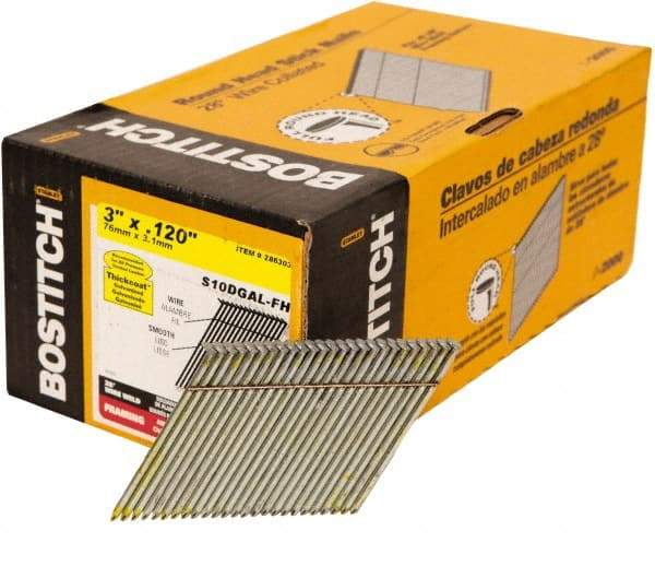 Stanley Bostitch - 11 Gauge 0.12" Shank Diam 3" Long Framing Nails for Power Nailers - Steel, Galvanized Finish, Smooth Shank, Angled Stick Wire Collation, Round Head, Diamond Point - USA Tool & Supply