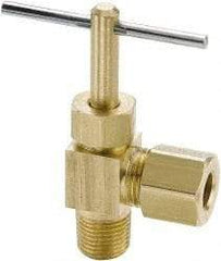 Parker - 1/4" Pipe, Angled Needle Valve - Compression x MNPTF Ends, Brass Valve, 150 Max psi - USA Tool & Supply