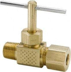 Parker - 3/8 x 1/4" Pipe, Inline Needle Valve - Compression x MNPTF Ends, Brass Valve, 150 Max psi - USA Tool & Supply