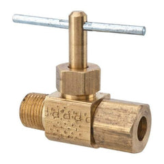 Parker - 1/4 x 1/8" Pipe, Inline Needle Valve - Compression x MNPTF Ends, Brass Valve, 150 Max psi - USA Tool & Supply