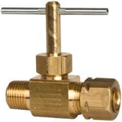 Parker - 1/4 x 1/8" Pipe, Inline Needle Valve - Compression x MNPTF Ends, Brass Valve, 150 Max psi - USA Tool & Supply