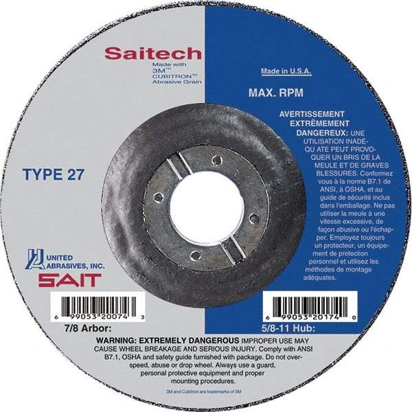 Sait - 4-1/2" Wheel Diam, 3/32" Wheel Thickness, 7/8" Arbor Hole, Type 27 Depressed Center Wheel - Ceramic, Resinoid Bond, 13,300 Max RPM, Compatible with Angle Grinder - USA Tool & Supply