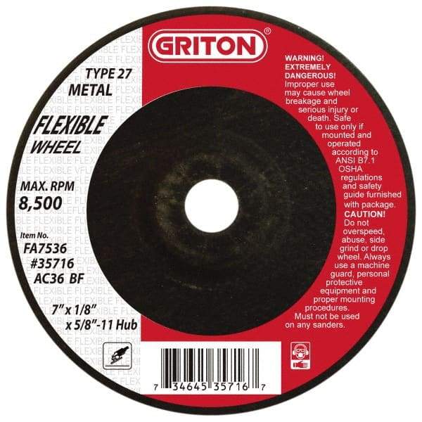 Value Collection - 36 Grit, 7" Wheel Diam, 1/8" Wheel Thickness, Type 27 Depressed Center Wheel - Aluminum Oxide, 8,500 Max RPM - USA Tool & Supply