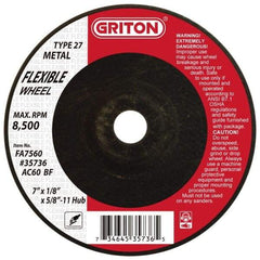 Value Collection - 60 Grit, 7" Wheel Diam, 1/8" Wheel Thickness, Type 27 Depressed Center Wheel - Aluminum Oxide, 8,500 Max RPM - USA Tool & Supply