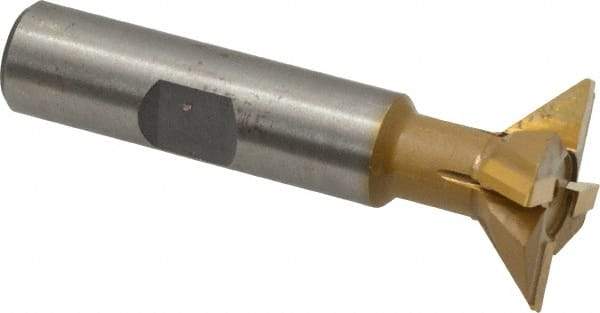 Made in USA - 1" Diam x 5/16" Width of Cut, 45° Included Angle, Carbide-Tipped Dovetail Cutter - 1/2" Shank Diam, 2-1/2" Overall Length, 0.02" Corner Radius, Weldon Flat, TiN Coated - USA Tool & Supply