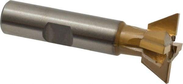 Made in USA - 1" Diam x 3/8" Width of Cut, 60° Included Angle, Carbide-Tipped Dovetail Cutter - 1/2" Shank Diam, 2-1/2" Overall Length, 0.02" Corner Radius, Weldon Flat, TiN Coated - USA Tool & Supply