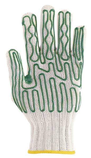 Whizard - Size L (9), ANSI Cut Lvl 5, Polyurethane Coated Cut Resistant Gloves - Palm & Fingers Coated, Knit Wrist, Tan/Green, Right - USA Tool & Supply