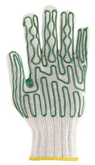 Whizard - Size L (9), ANSI Cut Lvl 5, Polyurethane Coated Cut Resistant Gloves - Palm & Fingers Coated, Knit Wrist, Tan/Green, Right - USA Tool & Supply