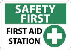 NMC - "Safety First - First Aid Station", 10" Long x 14" Wide, Rigid Plastic Safety Sign - Rectangle, 0.05" Thick, Use for First Aid - USA Tool & Supply