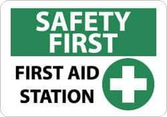 NMC - "Safety First - First Aid Station", 10" Long x 14" Wide, Rigid Plastic Safety Sign - Rectangle, 0.05" Thick, Use for First Aid - USA Tool & Supply