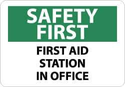 NMC - "Safety First - First Aid Station in Office", 10" Long x 14" Wide, Aluminum Safety Sign - Rectangle, 0.04" Thick, Use for First Aid - USA Tool & Supply