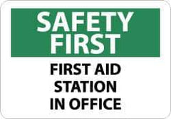 NMC - "Safety First - First Aid Station in Office", 10" Long x 14" Wide, Pressure-Sensitive Vinyl Safety Sign - Rectangle, 0.004" Thick, Use for First Aid - USA Tool & Supply