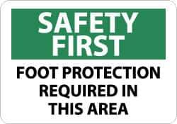NMC - "Safety First - Foot Protection Required in This Area", 10" Long x 14" Wide, Pressure-Sensitive Vinyl Safety Sign - Rectangle, 0.004" Thick, Use for Accident Prevention - USA Tool & Supply