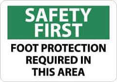 NMC - "Safety First - Foot Protection Required in This Area", 10" Long x 14" Wide, Pressure-Sensitive Vinyl Safety Sign - Rectangle, 0.004" Thick, Use for Accident Prevention - USA Tool & Supply