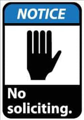 NMC - "Notice - No Soliciting", 14" Long x 10" Wide, Pressure-Sensitive Vinyl Safety Sign - Rectangle, 0.004" Thick, Use for Security & Admittance - USA Tool & Supply