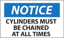 NMC - Accident Prevention Label, Header: NOTICE - Legend: Notice - Cylinders Must Be Chained at All Times, English, Black, Blue & White, 5" Long x 3" High, Sign Muscle Finish - USA Tool & Supply