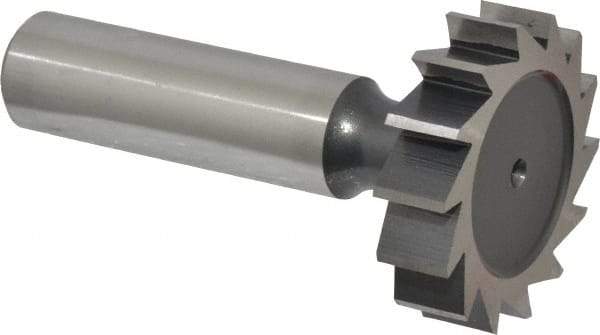 Interstate - 1-1/4" Diam x 5/16" Face Width, High Speed Steel, 14 Teeth, Shank Connection Woodruff Keyseat Cutter - Uncoated, 2-5/16" OAL x 1/2" Shank, Straight Teeth, ANSI 1010, Old Standard D - USA Tool & Supply