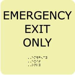 NMC - Emergency Exit Only, Plastic Exit Sign - 8" Wide x 8" High, English/Braille, Glow-in-the-Dark - USA Tool & Supply