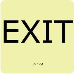 NMC - Exit, Plastic Exit Sign - 8" Wide x 8" High, English/Braille, Glow-in-the-Dark - USA Tool & Supply