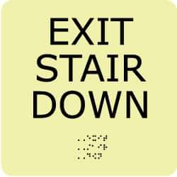 NMC - Exit Stair Down, Plastic Exit Sign - 8" Wide x 8" High, English/Braille, Glow-in-the-Dark - USA Tool & Supply