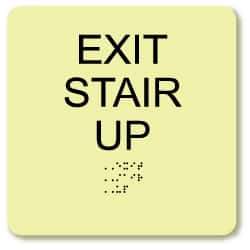 NMC - Exit Stair Up, Plastic Exit Sign - 8" Wide x 8" High, English/Braille, Glow-in-the-Dark - USA Tool & Supply