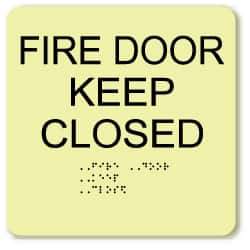 NMC - Fire Door - Keep Closed, Plastic Fire Sign - 8" Wide x 8" High, English/Braille, Glow-in-the-Dark - USA Tool & Supply