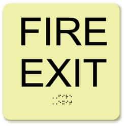 NMC - Fire Exit, Plastic Fire Sign - 8" Wide x 8" High, English/Braille, Glow-in-the-Dark - USA Tool & Supply