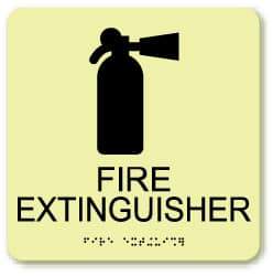 NMC - Fire Extinguisher, Plastic Fire Sign - 8" Wide x 8" High, English/Braille, Glow-in-the-Dark - USA Tool & Supply