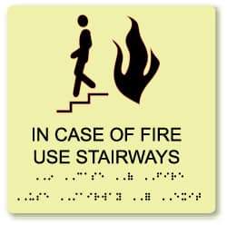 NMC - In Case of Fire - Use Stairway, Plastic Fire Sign - 8" Wide x 8" High, English/Braille, Glow-in-the-Dark - USA Tool & Supply