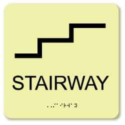 NMC - Stairway, Plastic Exit Sign - 8" Wide x 8" High, English/Braille, Glow-in-the-Dark - USA Tool & Supply