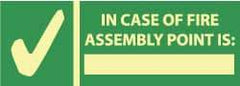 NMC - In Case of Fire - Assembly Point Is: _______, Pressure Sensitive Vinyl Exit Sign - 14" Wide x 5" High, Glow-in-the-Dark - USA Tool & Supply