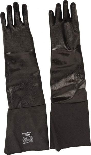 Ansell - Size M (8), 26" Long, 85 mil Thick, Supported, Neoprene Chemical Resistant Gloves - Textured Finish, Fleece/Jersey Lined, Gauntlet Cuff, ANSI Abrasion Level 3, ANSI Cut Level 2, Black, FDA Approved - USA Tool & Supply