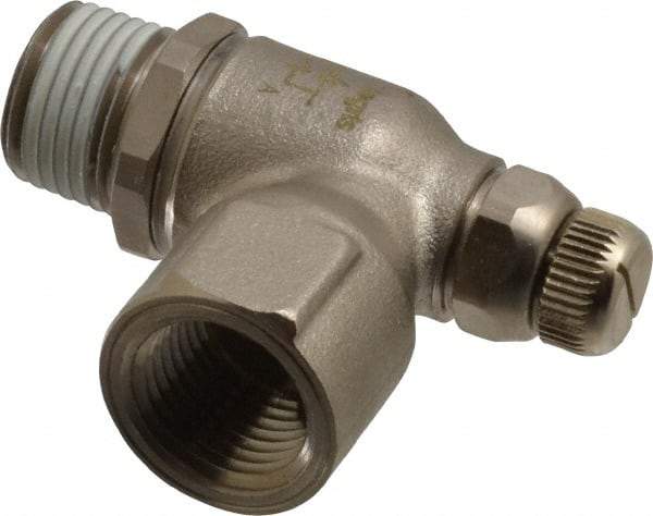 Legris - 1/2" NPT Mini Swivel Flow Control Regulator - 0 to 145 psi, Treated Brass Material & Viton O-Ring - USA Tool & Supply