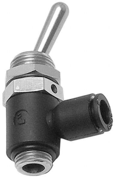 Legris - 4mm OD, 1/8 BSPP, Nylon/Nickel Plated Brass Push-to-Connect Manually Operated 3-Way Venting Valve - 230 Max psi, Black - USA Tool & Supply