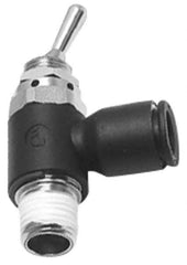 Legris - 3/8" OD, 1/4 NPT, Nylon/Nickel Plated Brass Push-to-Connect Manually Operated 3-Way Venting Valve - 230 Max psi, Black - USA Tool & Supply