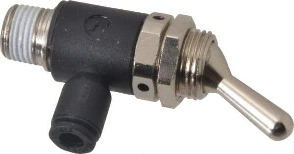 Legris - 5/32" OD, 1/8 NPT, Nylon/Nickel Plated Brass Push-to-Connect Manually Operated 3-Way Venting Valve - 230 Max psi, Black - USA Tool & Supply