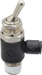 Legris - 1/4" OD, 1/4 NPT, Nylon/Nickel Plated Brass Push-to-Connect Manually Operated 3-Way Venting Valve - 230 Max psi, Black - USA Tool & Supply